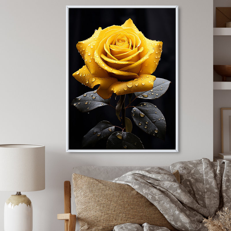 Danail, jaune, noir, rose, élégance III - fleurs, art mural, H 32 po x l 16 po x P 1 po, Cadre flottant blanc