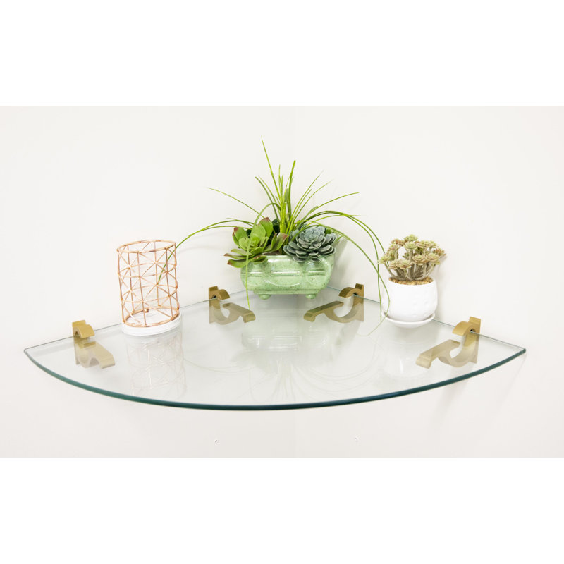 Daesean Glass Corner Shelf, Brass, 3" H x 30" W x 30" D