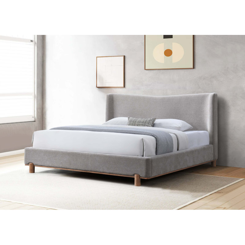 Lit tapissier en chenille avec pieds en bois d'hévéa et sans sommier