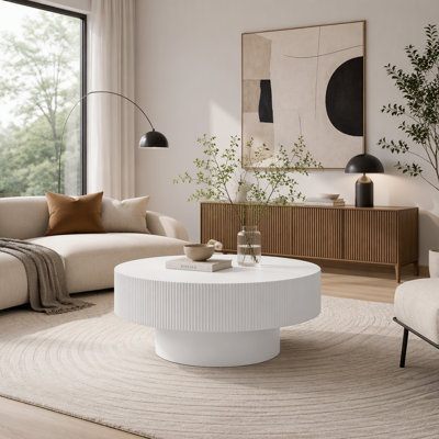 Elegant Easy Assembly Drum End Table, Minimalist Fluted Center Table with Sturdy Base for Living Room