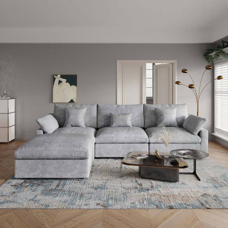 Canapé modulaire rembourré avec repose-pieds, H 29,53 po x l 119,29 po x P 77,95 po, Gris