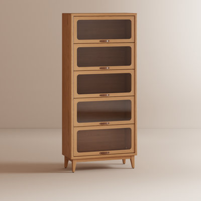 Solid Wood  Flip-Top Glass Door Bookshelf Cabinet, Mid-Century Modern Display Storage Cabinet with Leather Handles