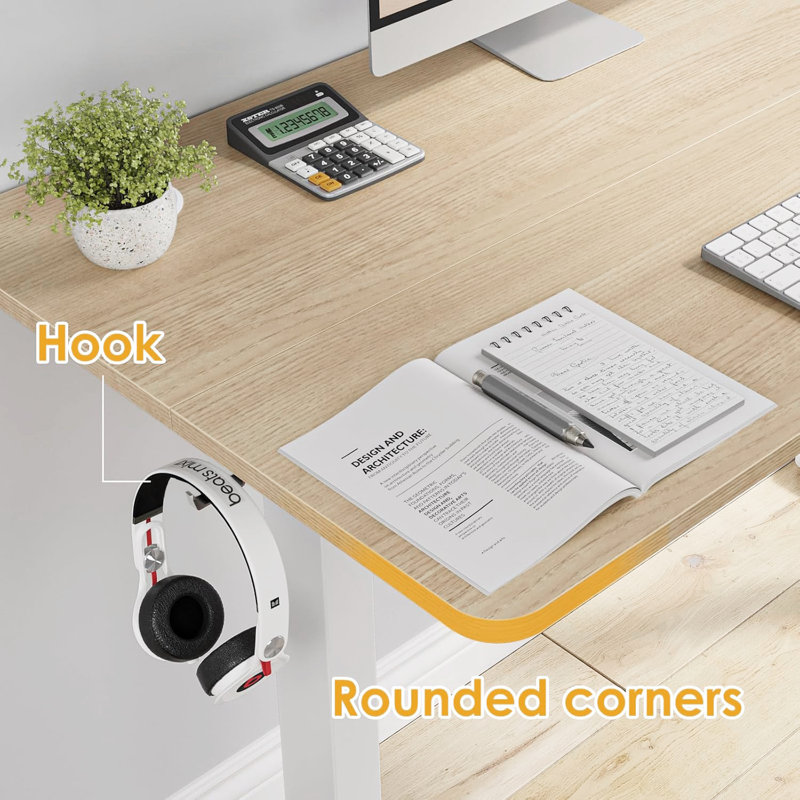 Electric Height Adjustable Standing Desk With 4 Lockable Casters, Hook, Big Mouse Pad, Oak, 55" W x 24" D