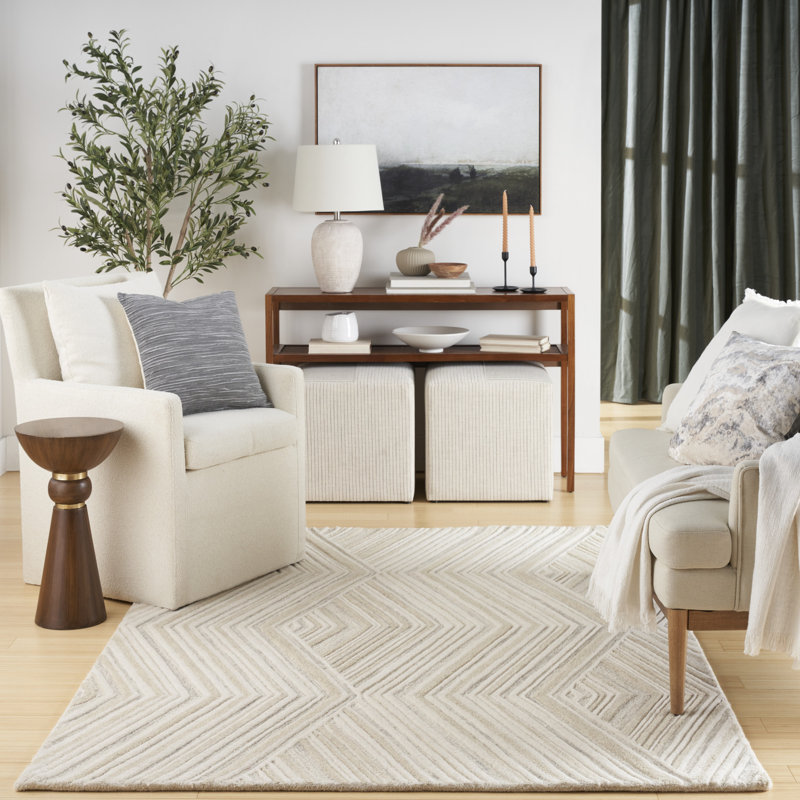 Ebern Designs Atyana Ivory Modern Indoor Wool Rug, Rectangle 5'3" x 7'3"