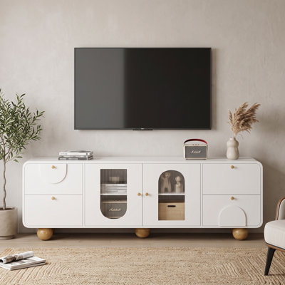 Meuble télé moderne de 70,9 pouces (180 cm) pour téléviseurs jusqu'à 75 pouces (190 cm), portes en verre cannelé cintrées, 4 tiroirs et rangement réglable, buffet multifonctionnel