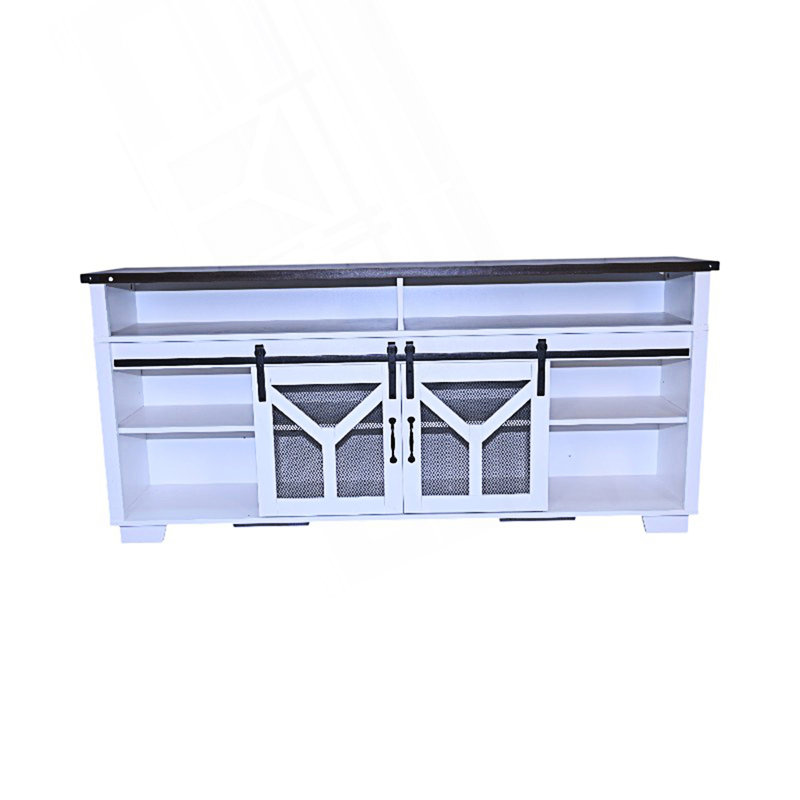 Meuble télé de style campagnard avec bandes lumineuses à DEL et porte de grange, console de télévision