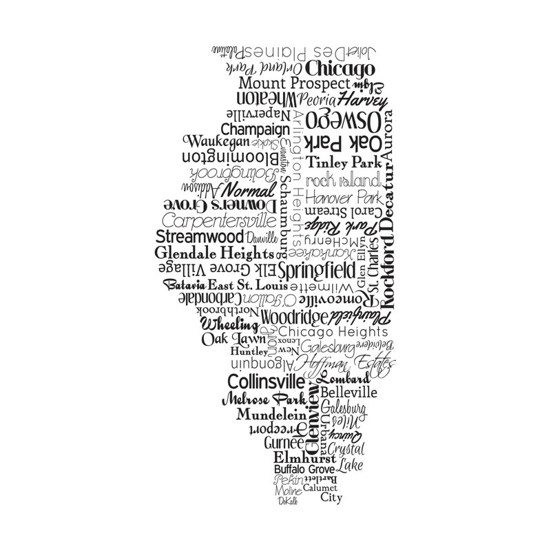 «Illinois Typographie», impression, H 10 po x l 8 po x P 1,5 po, Pas de tapis, Toile tendue
