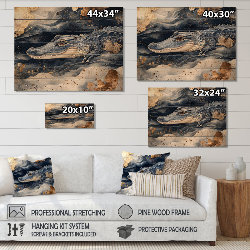 Alligator et reflets de marbre I - impression de crocodile sur bois de pin naturel, H 10 po x l 20 po x P 0,78 po
