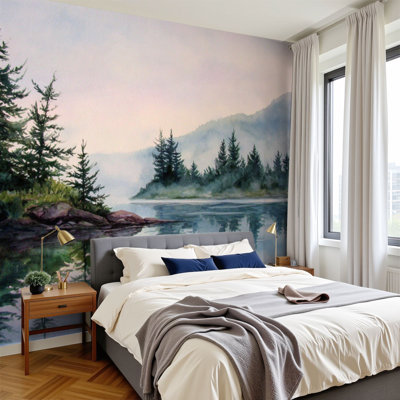 Watercolor Forest Peel and Stick Wallpaper Serene Watercolor Scene Evergreen Pines Soft Sunrise Light Wall Murals 100"H x 144"W Removable PVC Wall Paper Self-Adhesive Wall Decor for Bedroom Living Room Home Office