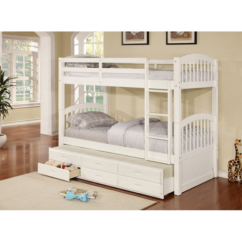 Lit superposé standard en bois massif simple au-dessus de simple à 3 tiroirs avec lit gigogne Baczanski, Blanc