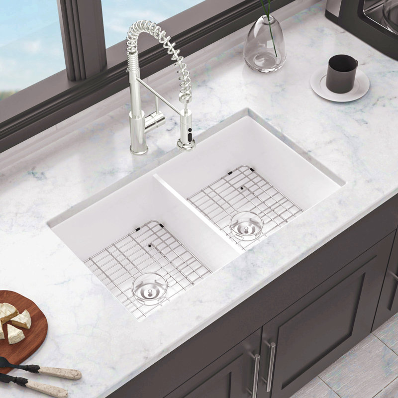 32" Undermount Ceramic Kitchen Sink - Dual Mount White Ceramic Rectangular Deep Sink Basin