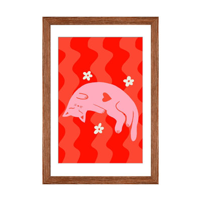 Chat endormi rose sur fond ondulé - impression d'art mural - papier d'art encadré