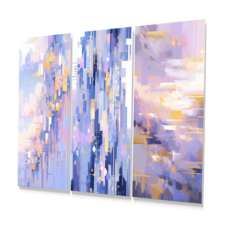 «Contemporary Lavender Bold Illumination», ensemble de 3 impressions géométriques abstraites en métal, H 28 po x l 36 po