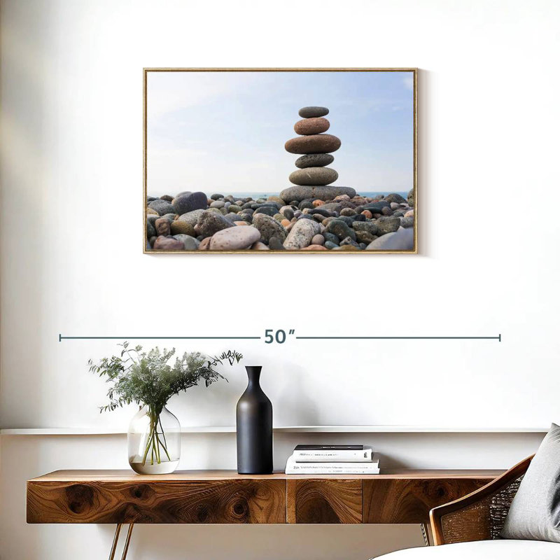 Seaside Stone Stack, Floating Frame Natural Wood, 31" X 21"