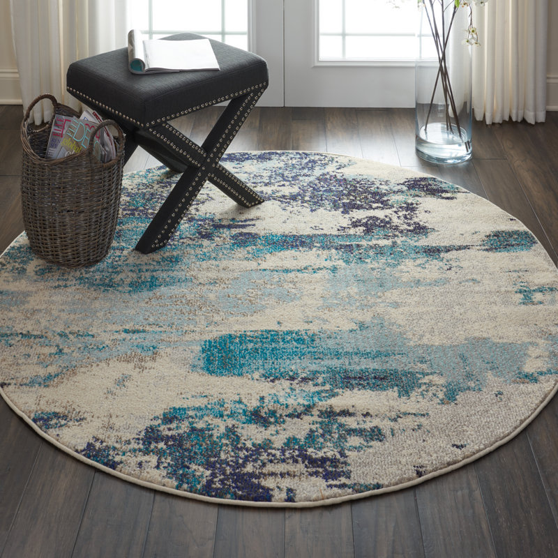Tapis abstrait ivoire / bleu marine / bleu Adrienn, Rond 7 pi 10 po