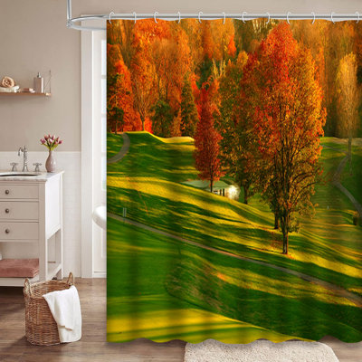 Golf Course Sunset Red Gold Trees Shower Curtain with 12 Hooks