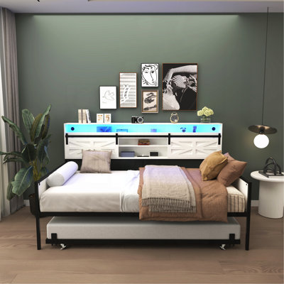 Twin Daybed With Trundle, Farmhouse Daybed Frame With Sliding Barn Door Headboard And Charging Station & LED Light For Bedroom And Guest Room, White