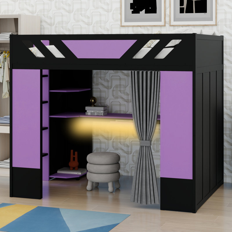 Lit mezzanine multifonctionnel avec tablettes de rangement, rideaux occultants et éclairage RVB, Noir et mauve