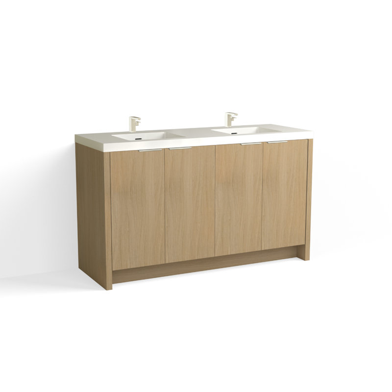 Mesa 60" W Freestanding Double Bathroom Vanity , Single-Hole, White Gloss, White Nanomatte/Matte Black