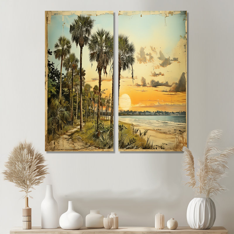 Collage rétro de la Floride, palmiers et plage V - art mural vert, H 20 po x l 24 po, Toile tendue, Ne s’applique pas