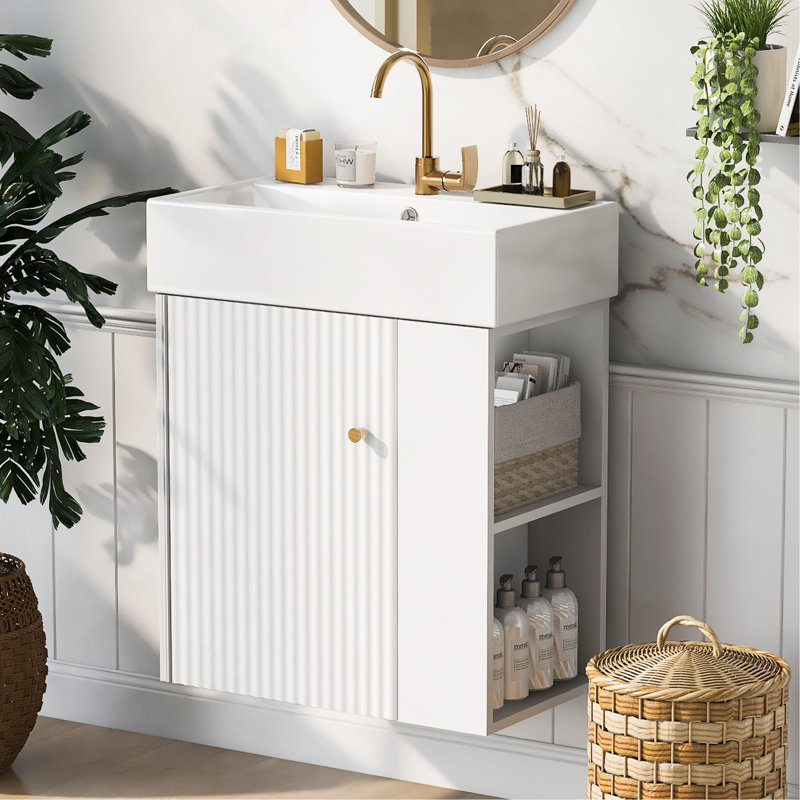 Meuble-lavabo moderne avec lavabo en céramique et porte à motif de vagues, Blanc