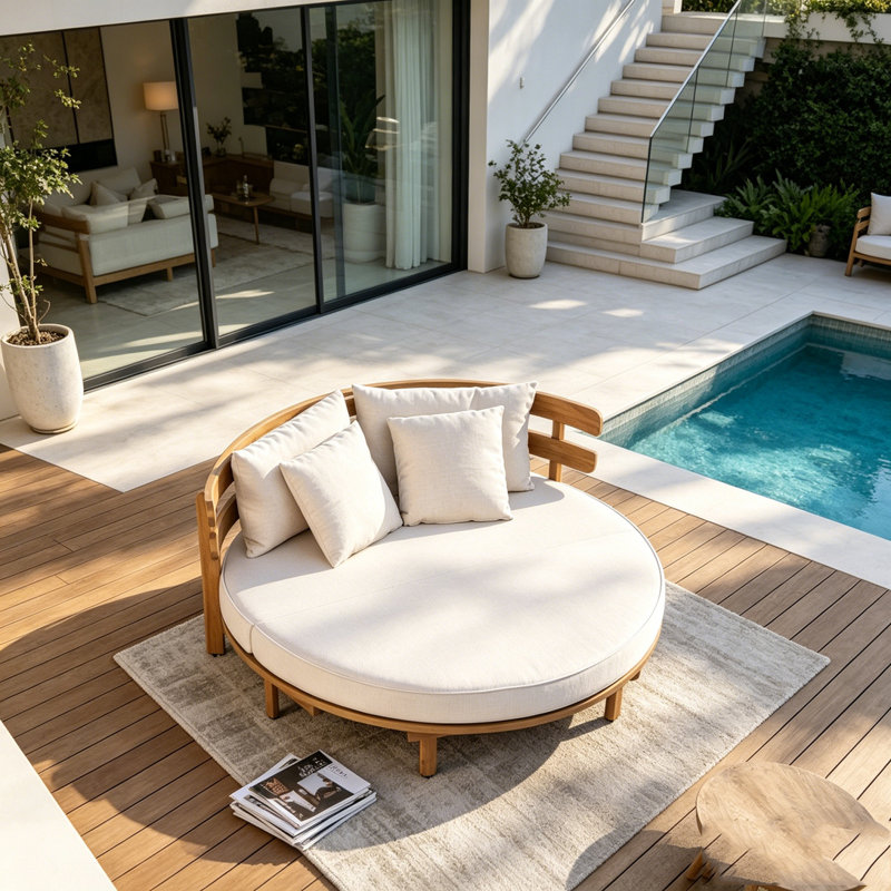 Outdoor Acacia Wood Round Daybed, Patio Lounger with Curved Slatted Backrest, Cushion and 4 Pillows