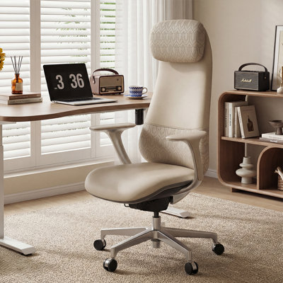 Top Grain Genuine Leather Executive Office Chair, High Back Ergonomic Luxury Boss Chair, Easy Triple Button Control for Lockable Tilt, Adjustable Seat Depth & Height, Aluminum Alloy Base & Silent Floor-Safe PU Casters for All-Day Extended Work (Beige)
