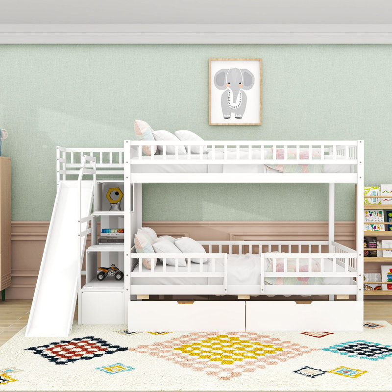 Lit superposé double en bois avec glissière, tiroirs de rangement et escalier, White