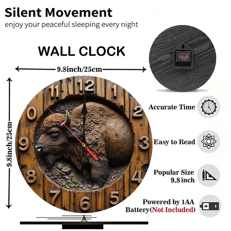 Horloge murale en bois bison rustique