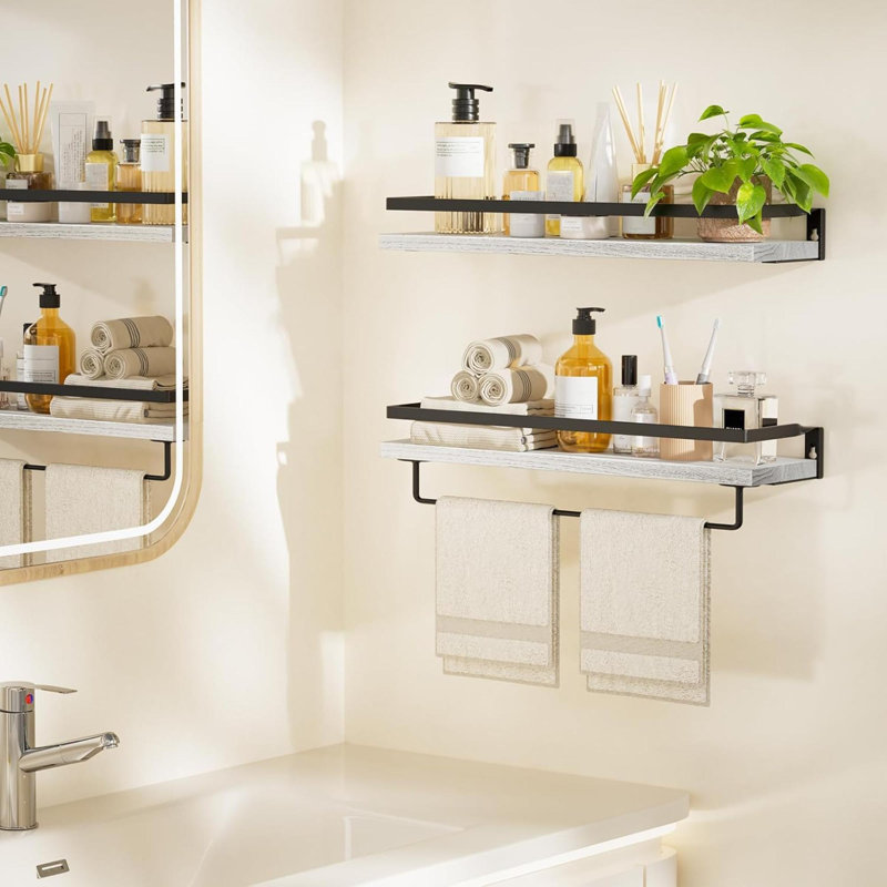 2 Piece Wall Shelves for Bathroom, Kitchen, Bedroom, Bathroom Shelf with Towel Bar, 5.12" H x 16.54" W x 4.72" D, White