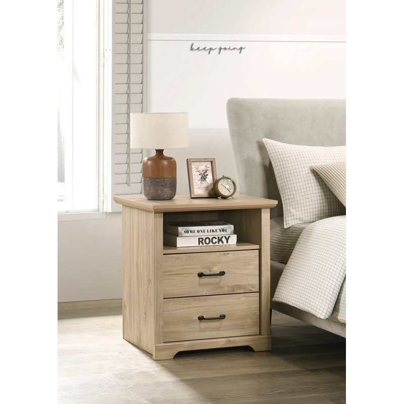 22"W 2-Drawer Nightstand Bedside Table With USB Charging  Ports, Light Oak