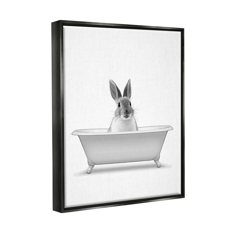 «Bunny Peeking Bathaign Pet» par Annalisa Latella, Cadre flottant noir de jais, H 21 po x l 17 po x P 1,7 po