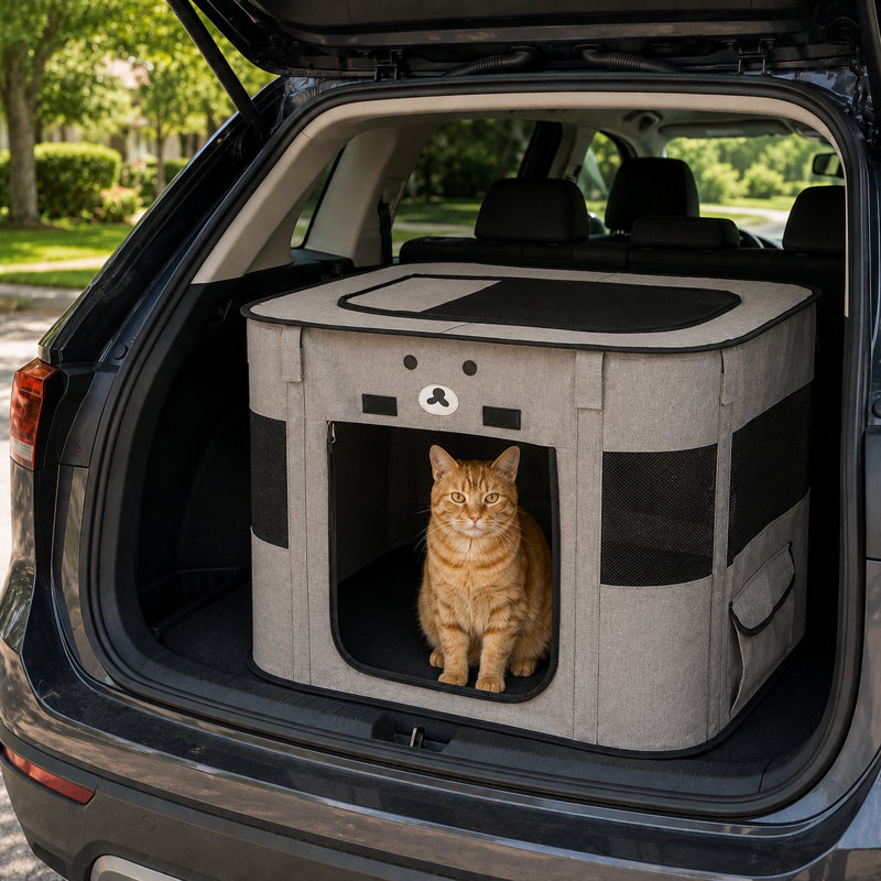 Parc de maternité pliable pour chat avec fenêtres en filet, accès par le haut et porte à fermeture à glissière, Gray