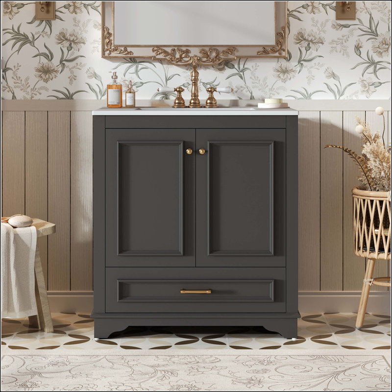 Meuble-lavabo 30 po avec détails sculptés et tiroir français, Black/Gold