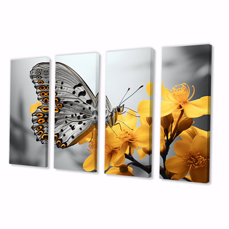 «Yellow Gray Butterfly Haven II» sur toile, reproduction de 4 pièces
