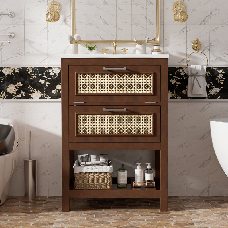 Meuble-lavabo de 24 po avec lavabo attaché, conception compacte et spacieuse, poignées en fer, adultes faciles à assembler, ajustement à 4 robinets, aspect contemporain brun foncé