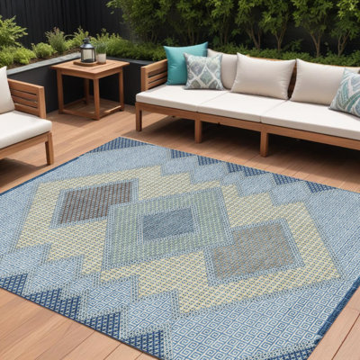 8' X 10' Denim Blue Grey And Brown Geometric Washable Indoor Outdoor Area Rug