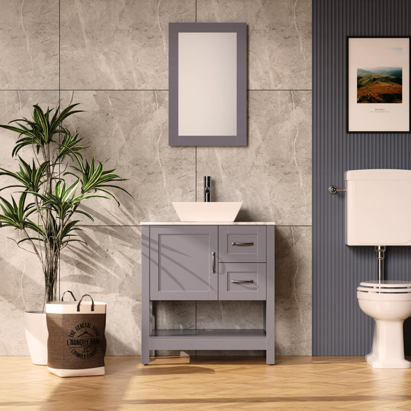 Dessus de meuble-lavabo de salle de bain et lavabo gris 30 po avec robinet miroir et bonde