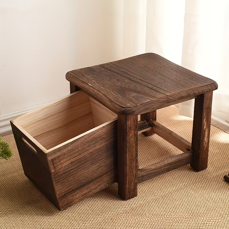 Tabouret d'appoint en bois massif brun foncé avec tiroir de rangement coulissant