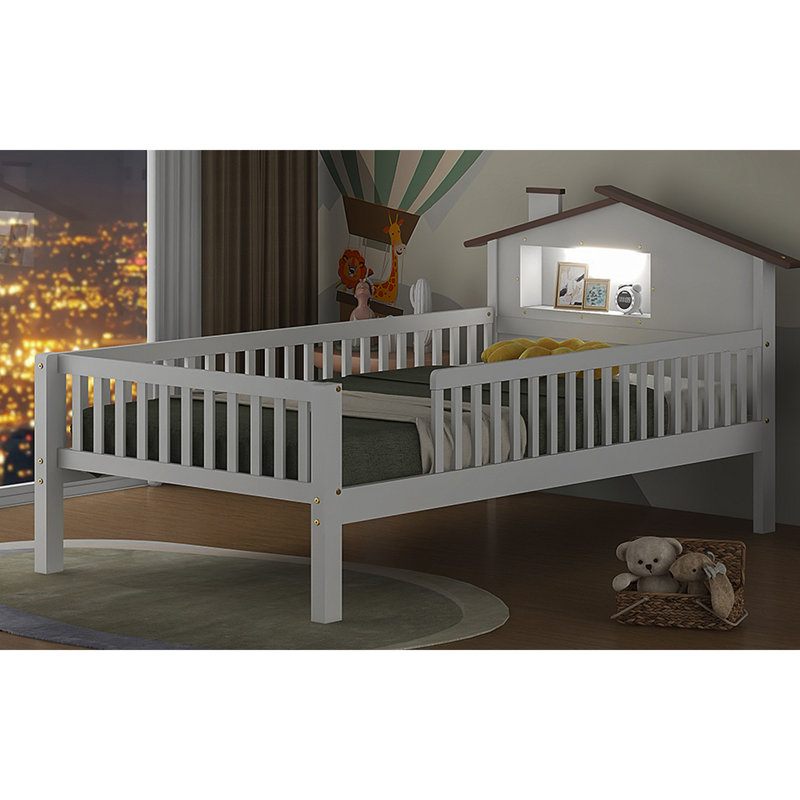  Lit plateforme avec tête de lit en forme de maison, DEL et rangement intégré, Lit simple, Blanc