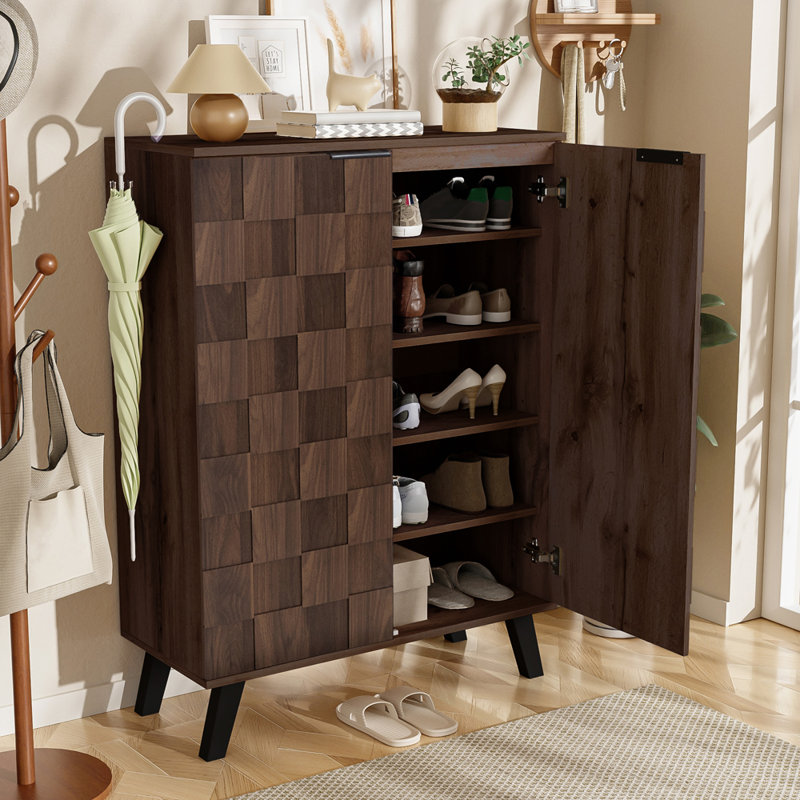 15 Pair Shoe Storage Cabinet, Dark Wood