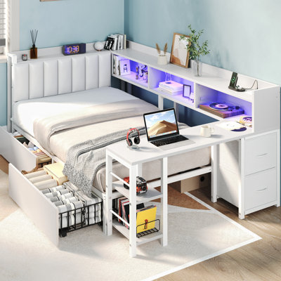 Structure de lit simple d'angle avec bureau et bibliothèque, structure de lit en L avec station de charge, lumières DEL et tête de lit tapissier, lit plateforme en métal pour adolescents, aucun sommier nécessaire