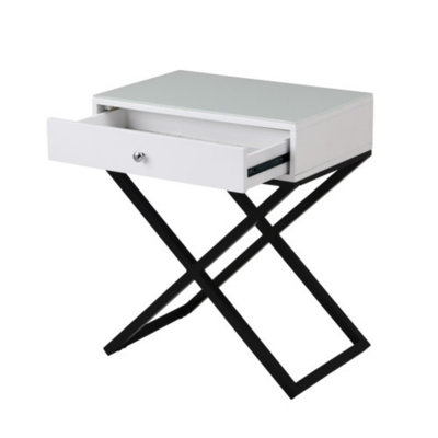 End Side Table Nightstand with Glass Top, Drawer and Cross Base