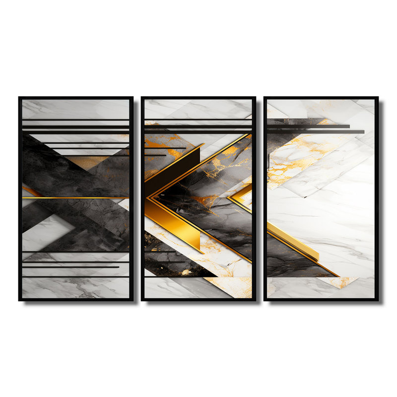 Golden Triangular Chevron - Geometric Wall Art Set, Black Floater Framed, 32" H x 48" W x 1" D