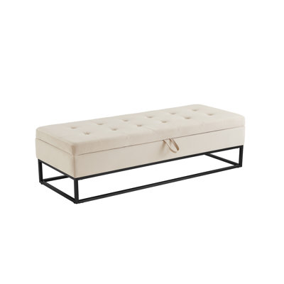 58.6 Inch Velvet Storage Bed Bench with Metal Base, Beige