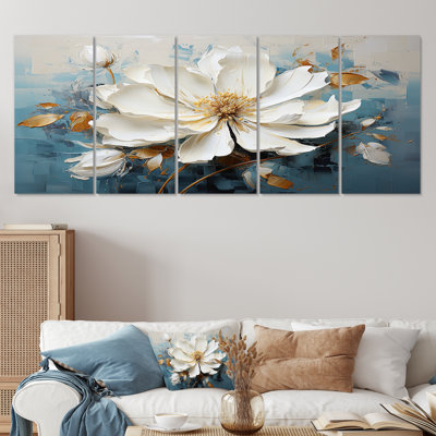 Anémone peinte en blanc sur fond sarcelle rétro - ensemble de 5 décorations murales florales