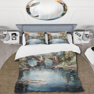 Ensemble de housse de couette en microfibre / polyester Beige Bridge Impressionist Waterscape An Bedding