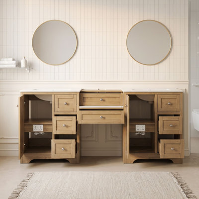 Meuble-lavabo double avec lavabos encastrés en céramique, comptoir en pierre reconstituée, tiroirs à fermeture en douceur et armoires