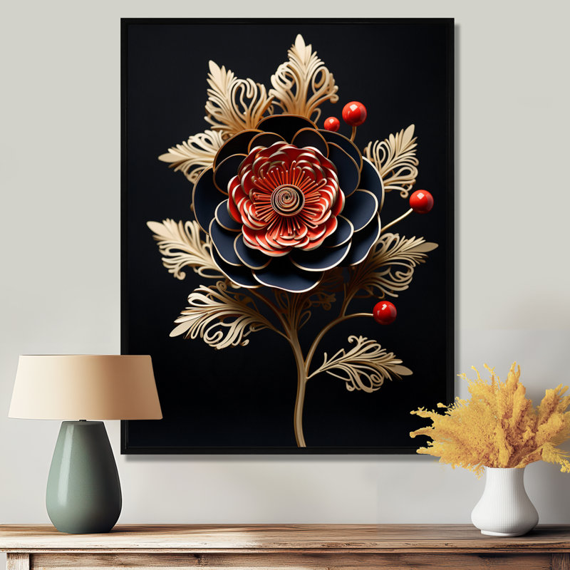 Red Glam Peony Golden Leaves - impression d'art mural pivoine, Cadre flottant noir, bois massif, H 20 po x l 12 po x P 1 po