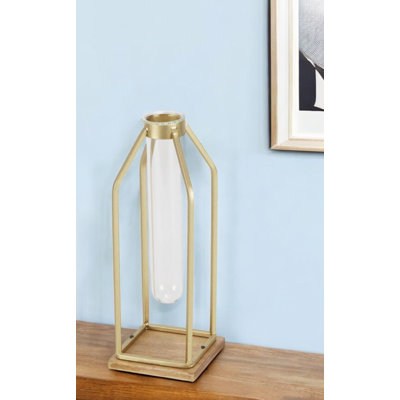 11" Gold Clear And Natural Metal Glass And Wood Test Tube Table Vase